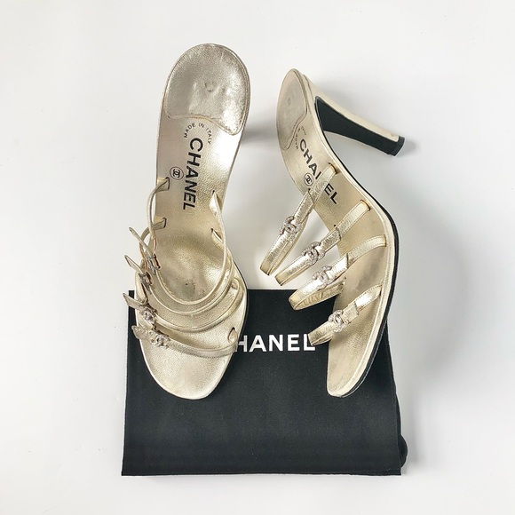 Vintage Chanel CC Logo Rhinestone Embellished Slip On Strappy Mules Sandals 39 - Picture 1 of 9